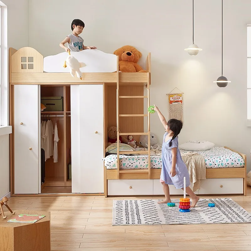 Staggered upper and lower beds Multifunctional combination Children's cloakroom High and low child and mother bed