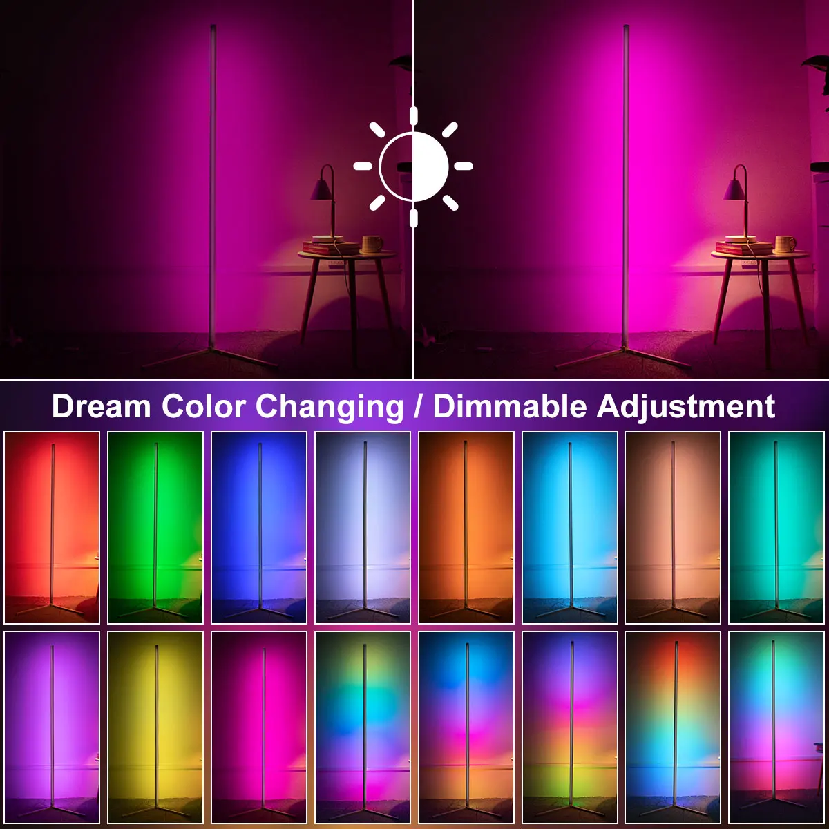 Dimmable White Smart Bluetooth Tuya Corner Floor Lamp RGB LED Light Bar Mood Lighting for Bedroom Gaming Living Room Xmas Decor