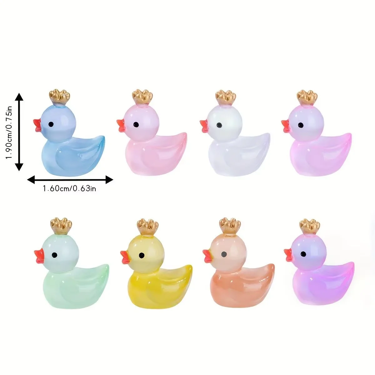 Set of 20 glow-in-the-dark crowned duck figurines, made of resin, freestanding decorative ornaments.