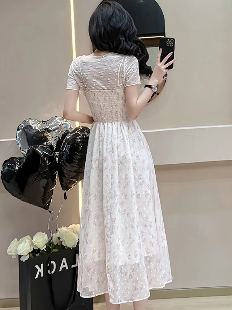 Letnia sukienka na ramiączkach z żakardu w kwiaty z szyfonu, elegancka, z falbankami + koronkowe koszulki, dwuczęściowe zestawy damskie, nowe koreańskie eleganckie komplety sukienek, lato 2025