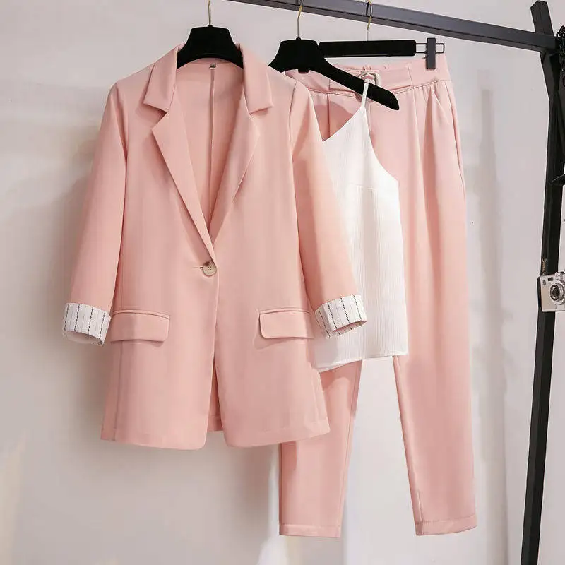 Korean Popular Spring New Thin Jacket Blazer White Vest Blouse Casual Pants Three-piece Elegant Women Pants Suit Office Outfits