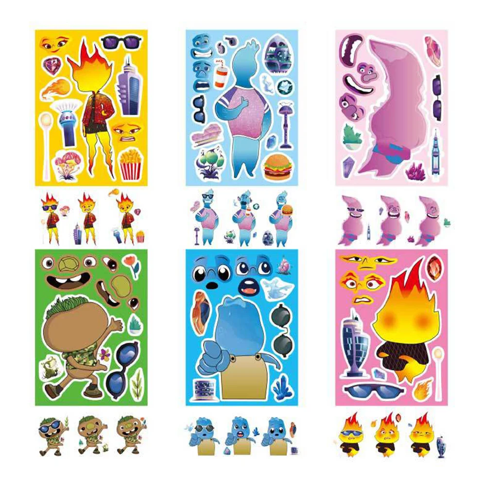 6/12Sheets Disney Elemental Puzzle Stickers Game Make a Face Children Assemble Jigsaw Funny DIY Decoration Kid Educational Toys