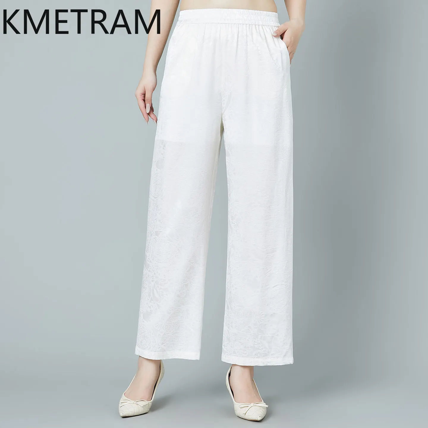 

KMETRAM 90% Real Mulberry Silk Pants Women 2026 Summer High-waisted Plus Size Straight-leg Pants Woman Clothing Pantalones Mujer