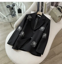 Luxury Designer Casual Autumn Spring Black Loose Blazer Coat Fashion Women Notched Sequines Floral Office Outwear Jacket