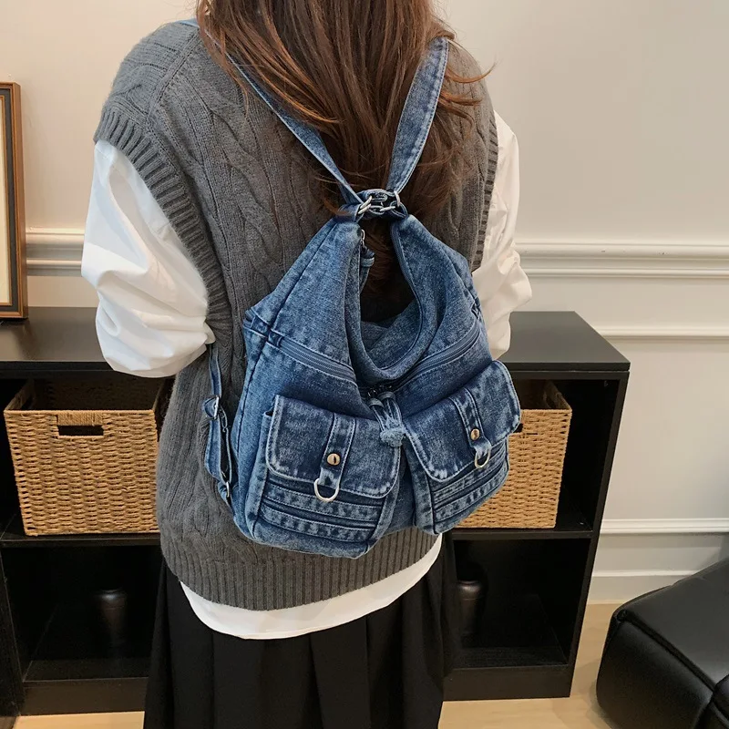 Korean Style High Quality Washed Denim Backpack New Multi Pocket Women Tote Bag Commuting Versatile Personalized Shoulder Bag