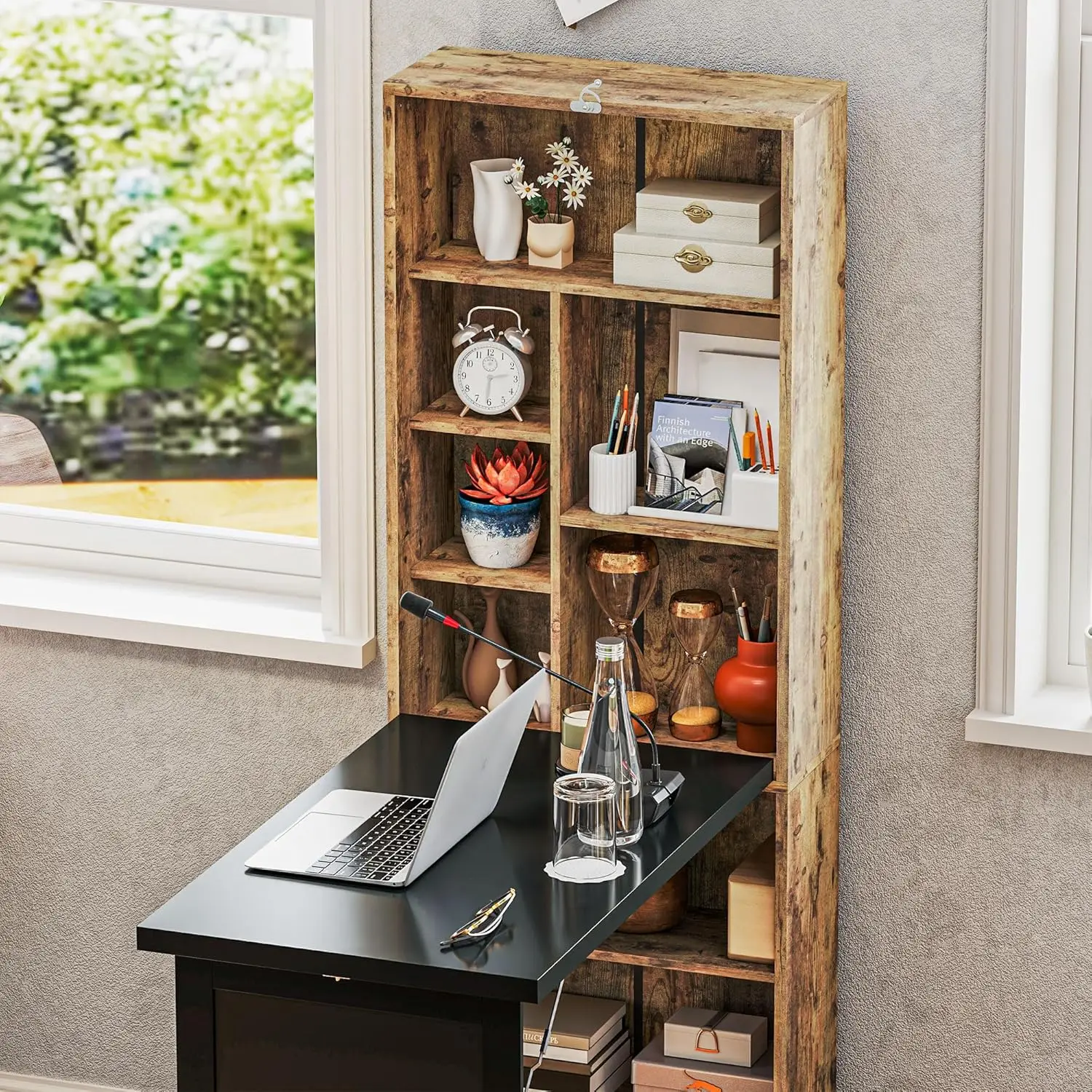 i*-Foldable Convertible Writing Table, Wall Mounted Space-Saving Computer Desk With Chalkboard And Storage Shelves For,