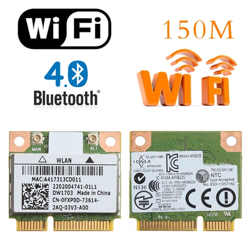 Sem fio Metade Mini PCI-E Card, Bluetooth compatível. 0, AR5B225, Wi-Fi, 802.11 b, g, n, janelas 7, 8, 8.1, 10