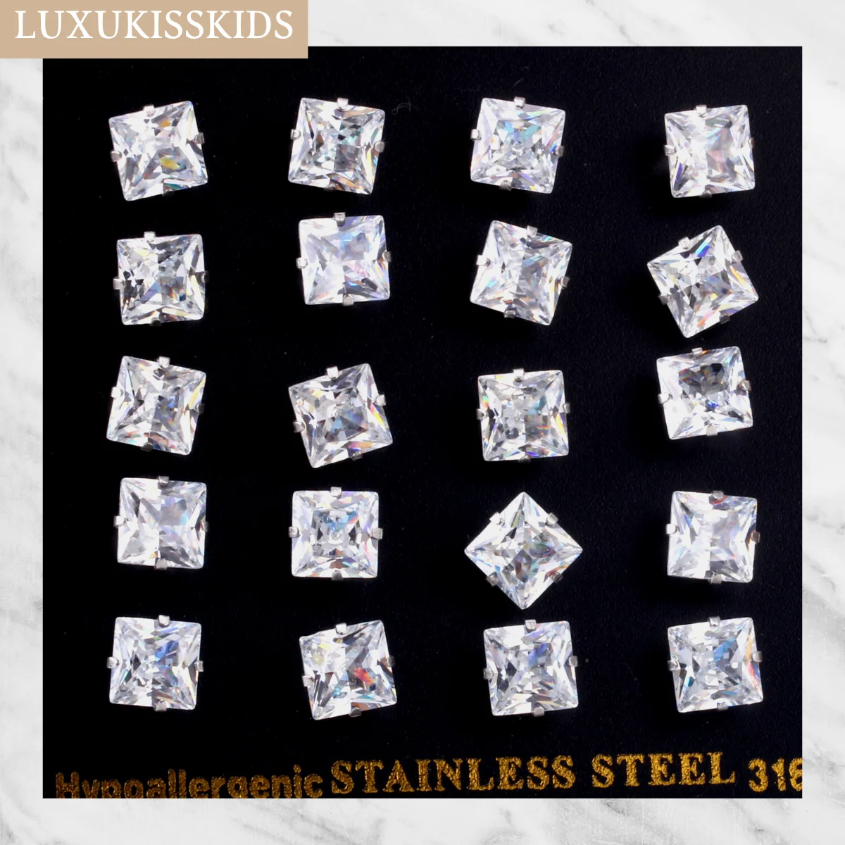 LUXUKISSKIDS Brilliant Square Stud Earrings 10pairs/Lot Novel Clearly Large 3A Cubic Zirconia Stainless Steel Wholesale Piercing