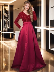 Romagic Women V Neck Sequin Satin Long Sleeves Evening Party Dress Graduation Prom Gown Floor Length Slit With Pocket Dresses