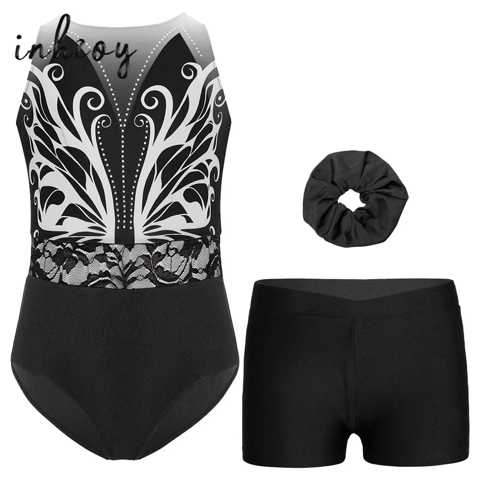 

3Pcs Kids Girls Gymnastics Figure Skating Dance Leotard Shiny Rhinestones Printed Lace Waist Sleeveless Leotards+Shorts+Headwear