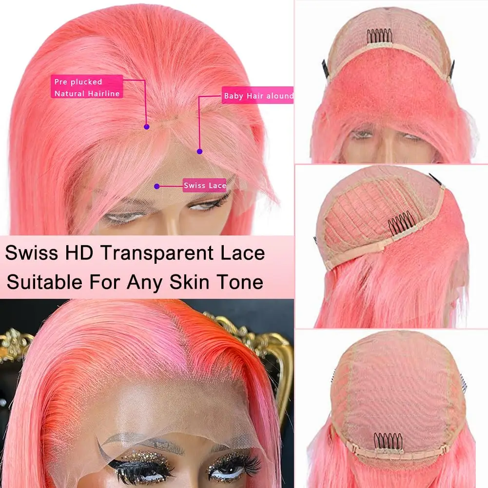 Rosa Bob Spitze Front Perücke menschliches Haar 13x4 kurze gerade Bob rosa menschliches Haar Spitze Perücken für schwarze Frauen mit Babyhaar Dichte