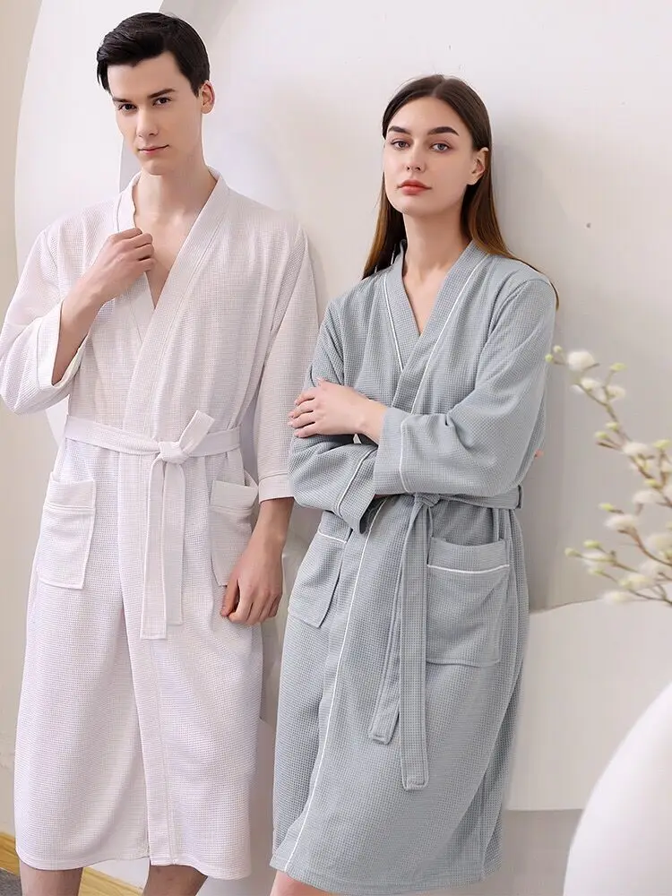 Male Summer Waffle 3/4 Sleeves Water Absorb Shower Robes Men Pockets Unisex CP Spa Resort Wedding Morning Bathrobes Loungewear‌