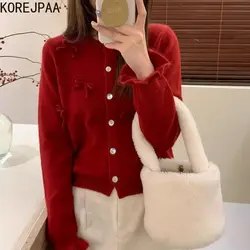 Korejpaa Knitted Cardigan 2024 Spring New Sweet Round Neck Sweater Coat Knitwear Bow Flare Sleeve Solid Korean Fashion Tops