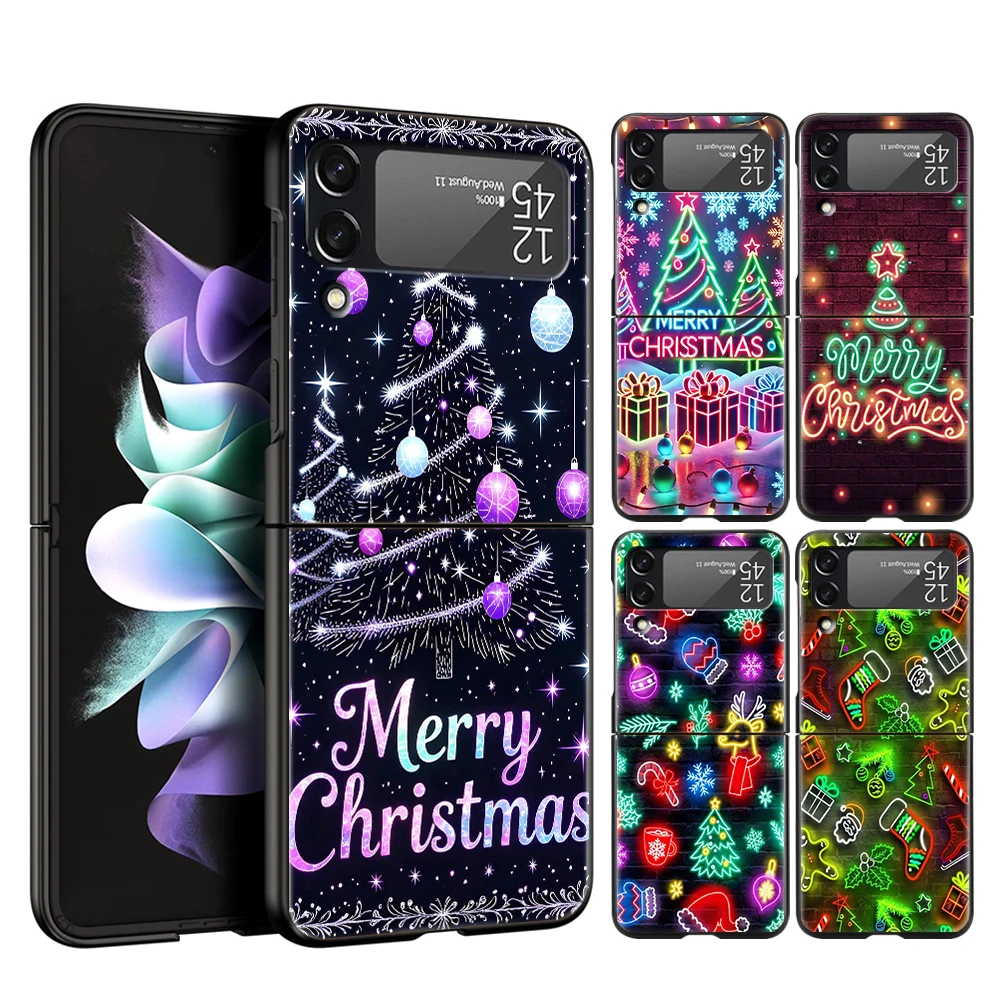 Hard PC Phone Case For Samsung Galaxy Z Flip 8 7 6 5 4 Black Shell For Galaxy Z Flip 3 Foldable Bag Neon Merry Christmas Signage