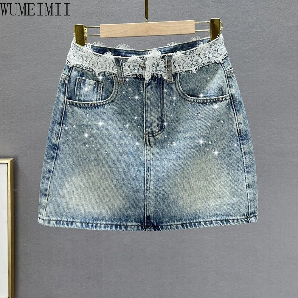 

Lace splicing denim skirt women's tide 2025 new summer dress high waist slim hot diamond skirt