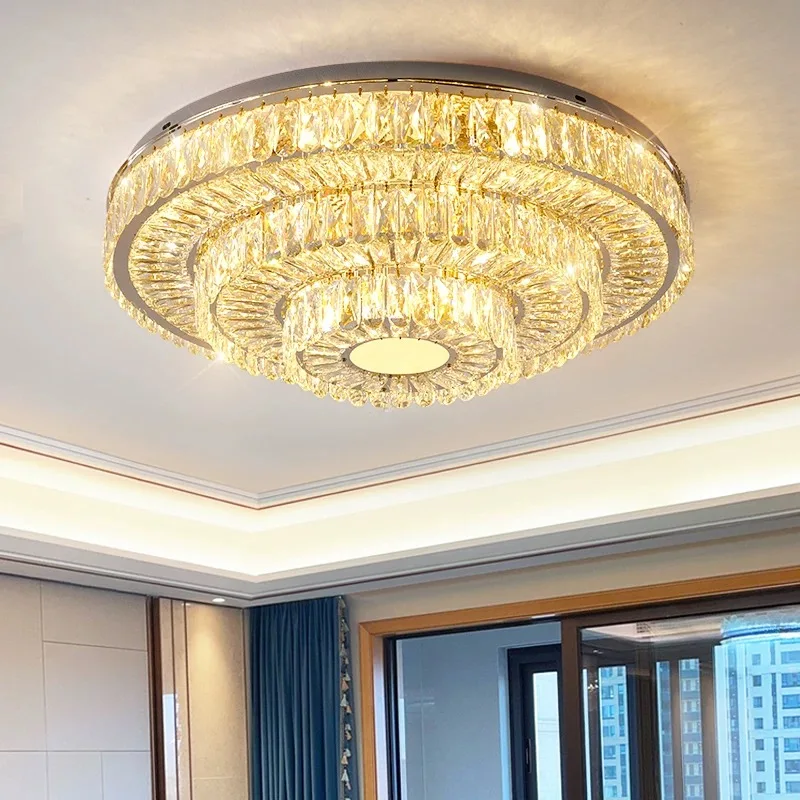 Silver Crystal Lamp Living Room Rectangular Ceiling Light Round Bedroom Light Multi-Layer Crystal Light LED Low Ceiling Lighting