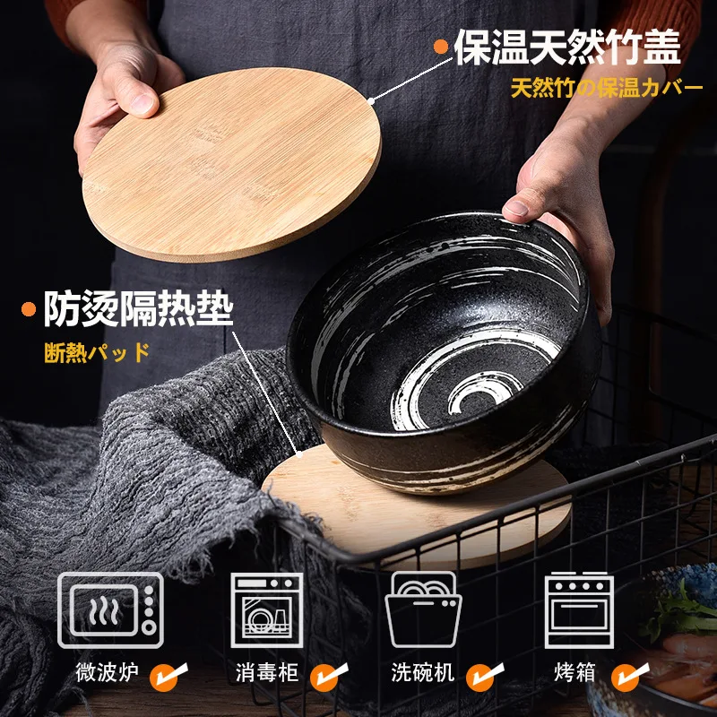 Japanese Style Ceramic Bowl with Lid, Single Noodle Bowl, Creative Instant Noodle Bowl