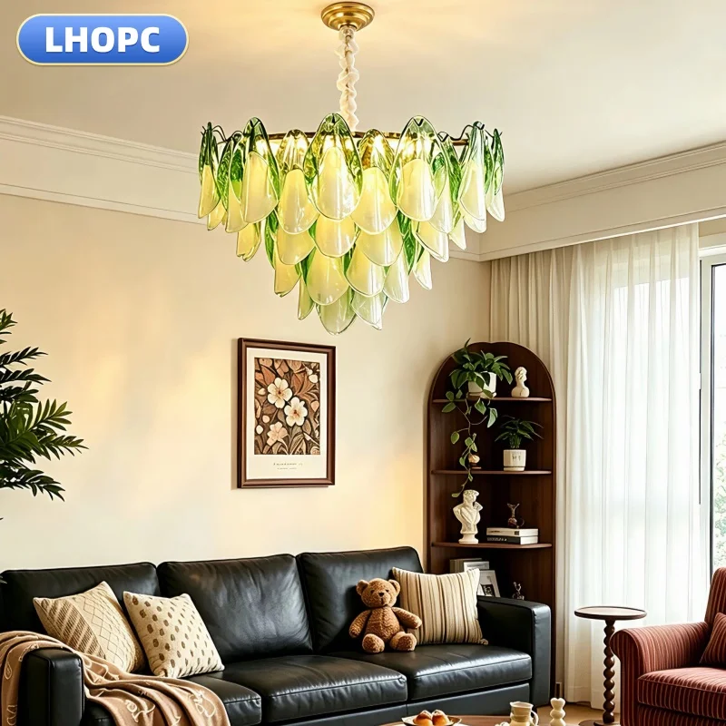 Italian designer petal-shaped amber glass pendant light, dimmable stainless steel chandelier, LED light for living room and dini