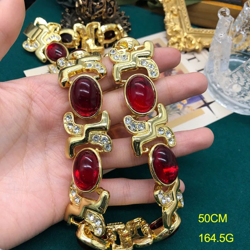 

Chinese New Year Edition China Red Oval Glazed Short Necklace Necklace Inlaid Rhinestone Earrings Clip Set