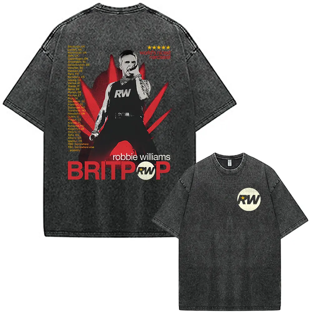 Robbie Williams Rw Tour Merch Vintage Washed T-Shirts Herren Damen Kleidung Mode Gothic Loose Kurzarm T-Shirts Streetwear – Detail 5