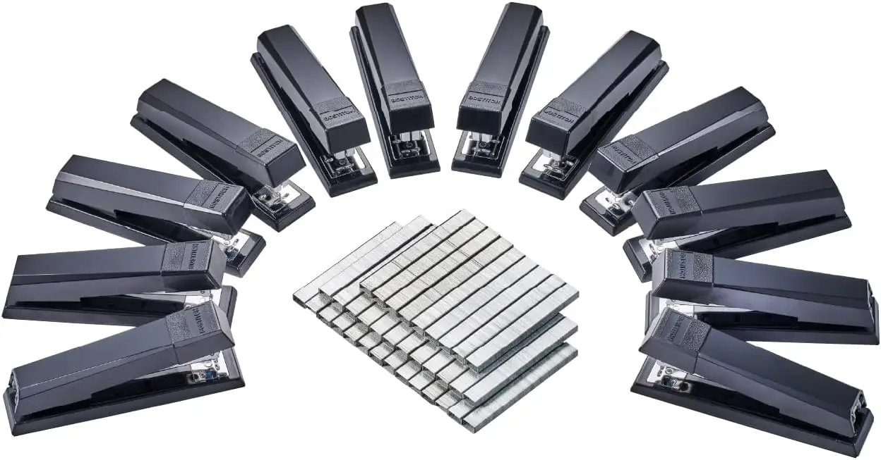 

Premium Desktop Stapler, No-Jam Design with 15,000 Staples, Full-Strip for 25 Sheets, Black Pack of 12