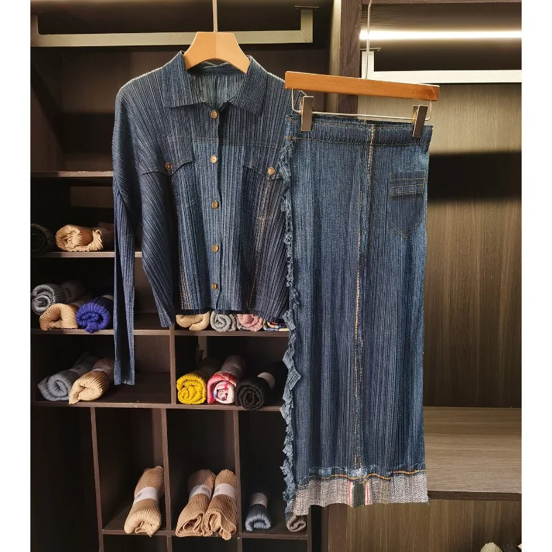 Miyake Pleated Skirt Suit 2026 Senior Sense Original Pleats Denim Suit Spring Pressed Long-sleeved Thin Commuter 2-piece Female