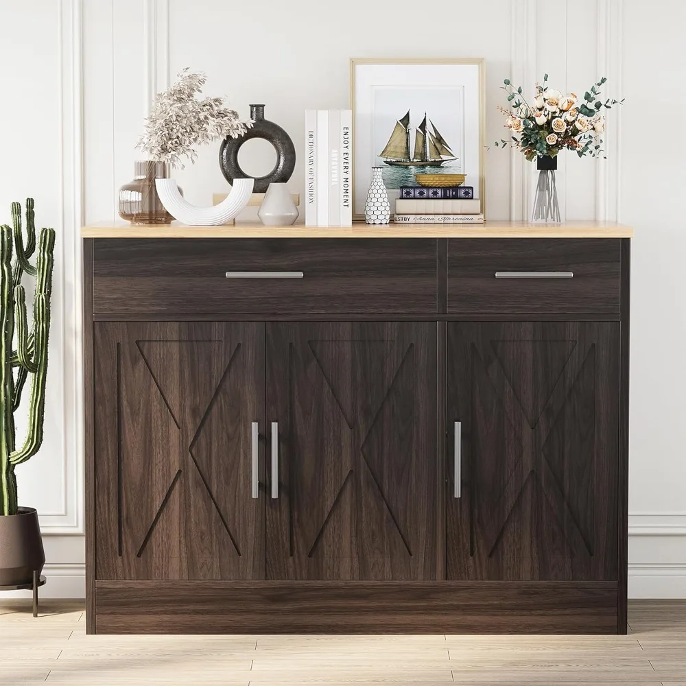 

Modern Farmhouse Sideboard Buffet Cabinet with Storage & 3 Doors,42" Rustic Storage Hutch w/ Barn Doors & Adjustable Wine Rack