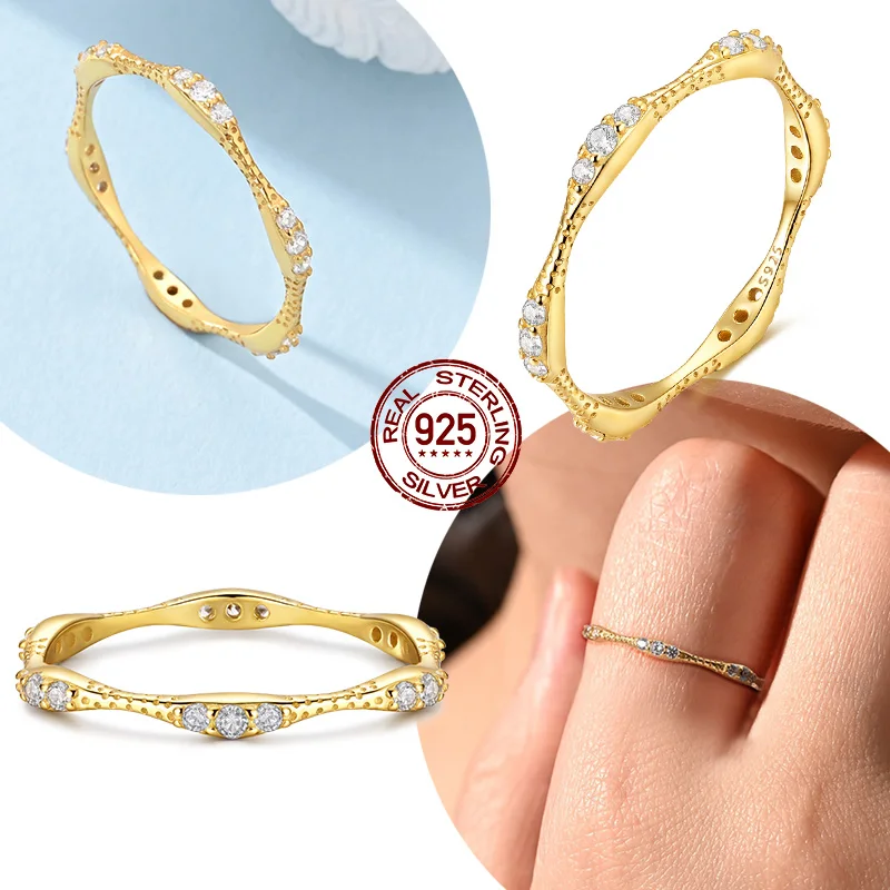 Original Echt 925 Sterling Silber Gold Einfache Ring Größe 6-9 Zirkon Ring Für Frauen Hochzeit Schmuck Geschenk