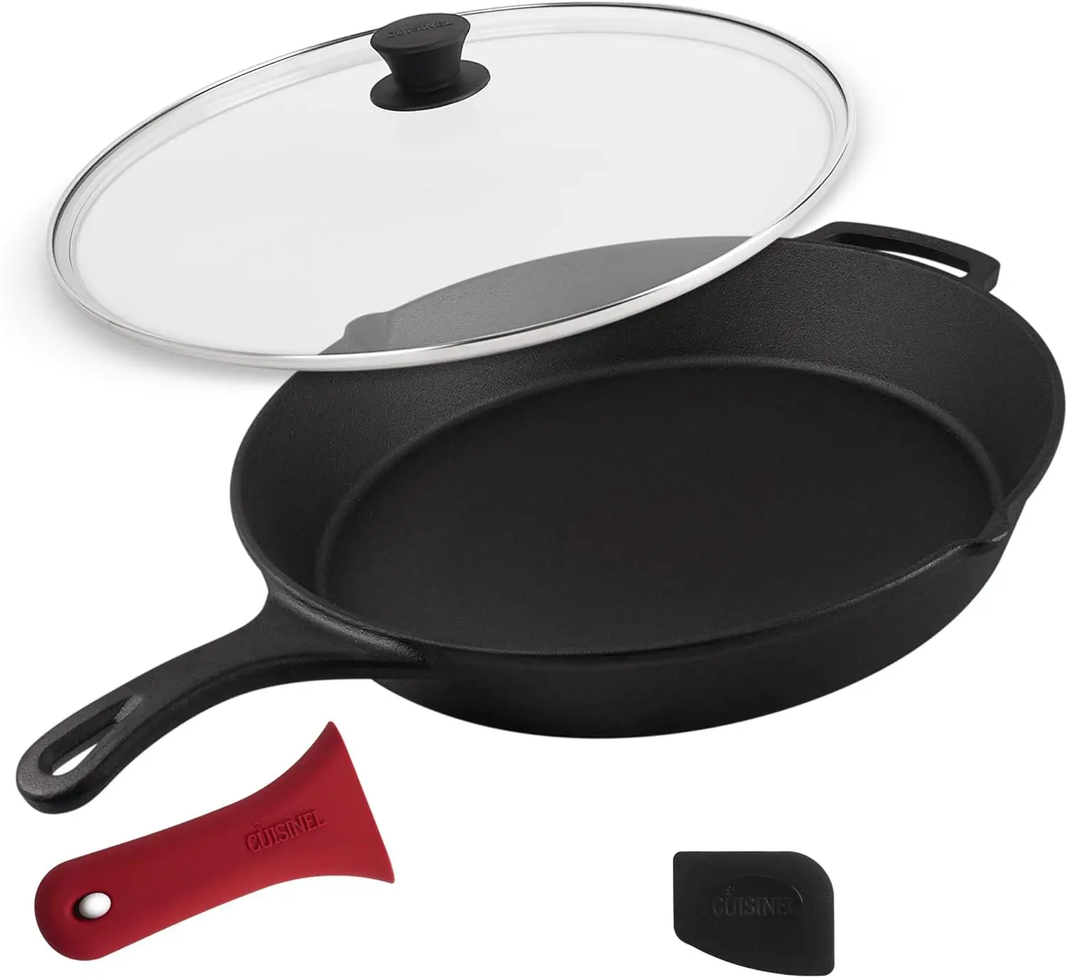 

15-Inch Cast Iron Skillet with Glass Lid, Pan Scraper & Silicone Handle Grip - Pre-Seasoned, Oven Safe, Indoor/Outdoor Use