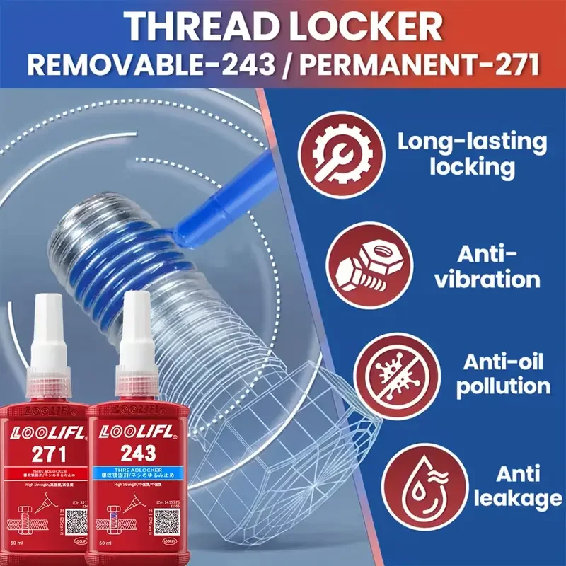 Screw glue thread locking agent set: 243 blue glue, 271 red glue, heat-resistant, oil-proof, earthquake-resistant and detachable