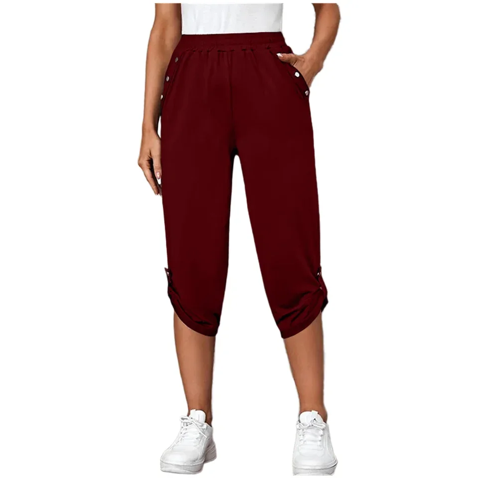 Womens Cropped Leggings Polyester Mid Waist Summer Thin Stretch Fabric for Fitness Casual Streetwear Daily Use