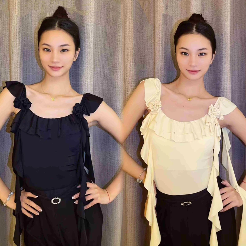 

Летний топ без рукавов с рюшами для латинских танцев, женские тренировочные топы для самбы, латинских танцев, одежда для взрослых, румба, одежда для бальных танцев SL13818