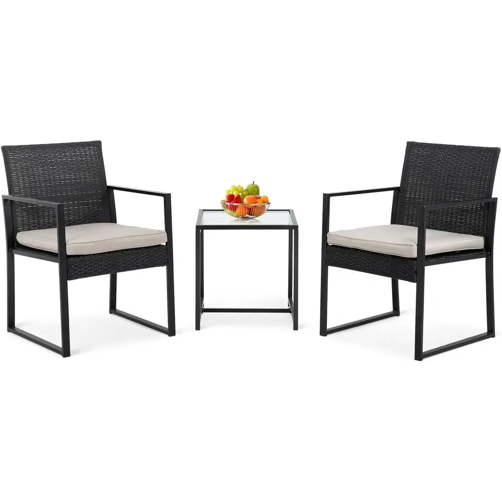 

Black 3-Piece Rattan Wicker Bistro Set with Tempered Glass Table and Cushioned Chairs for Outdoor Patio, Lawn, Garden, and Pools