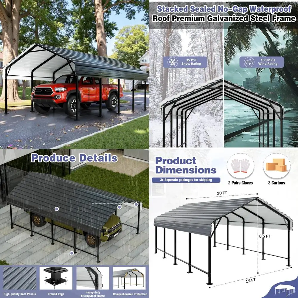 

heavy-duty 12x20ft galvanized steel carport with metal roof, outdoor car tent shelter
