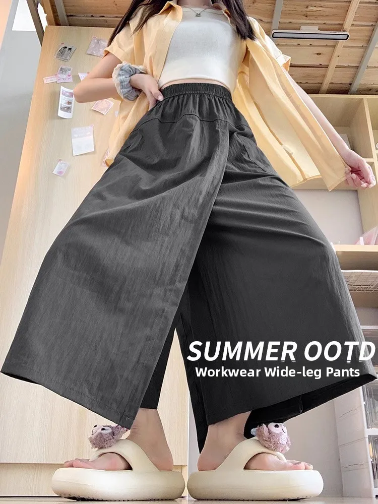 High Waist A-Line  Skirt Pants Summer New Arrival Women's Ice Silk Wide Leg Skirt Casual Pocket Multi-Functional Long Pants