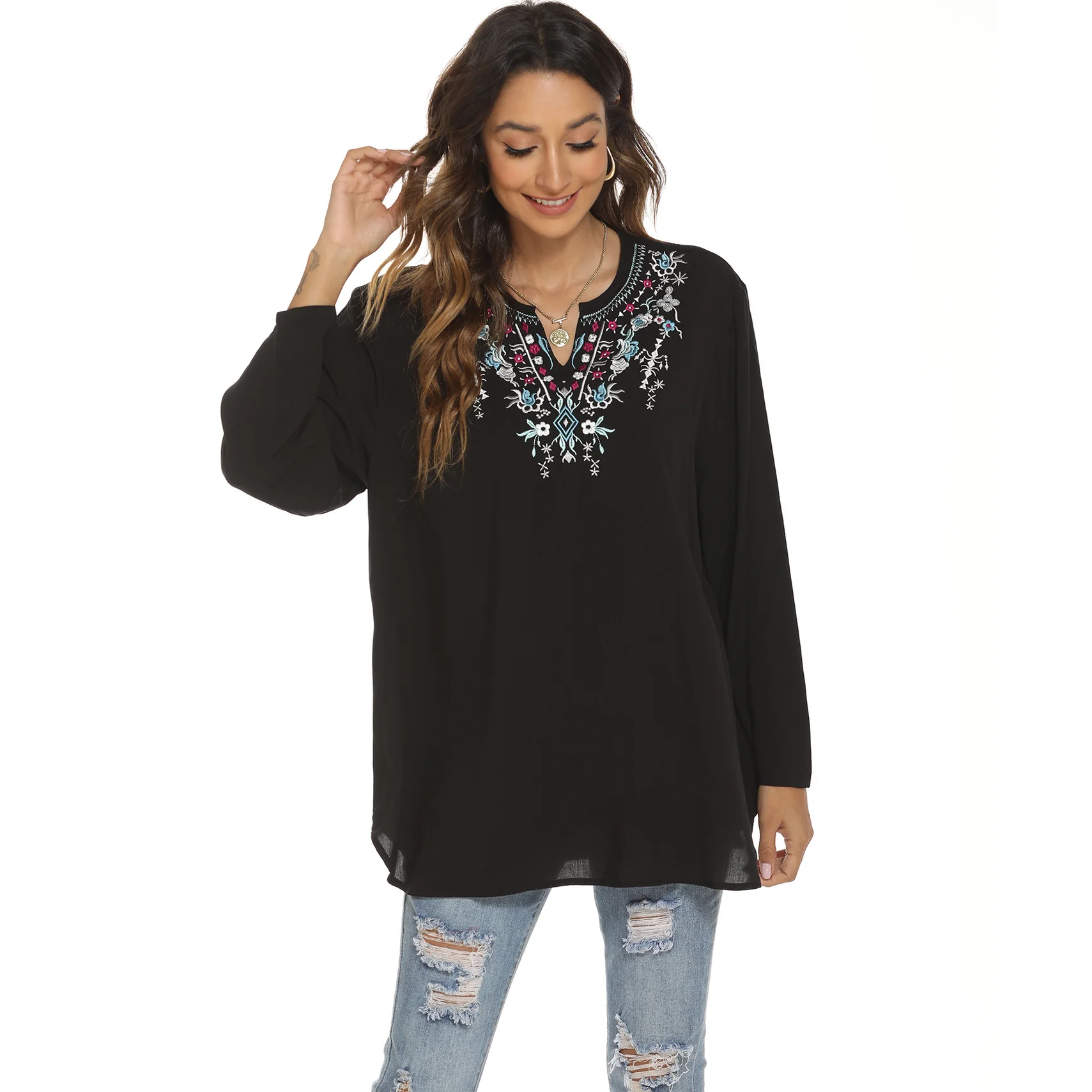 KHALEE YOSE Floral Chic Embroidery Blouse Shirts Black Vintage Mexican Boho Blouse V-neck Sexy Women 2xl 3XL Ethnic Blouse Tops