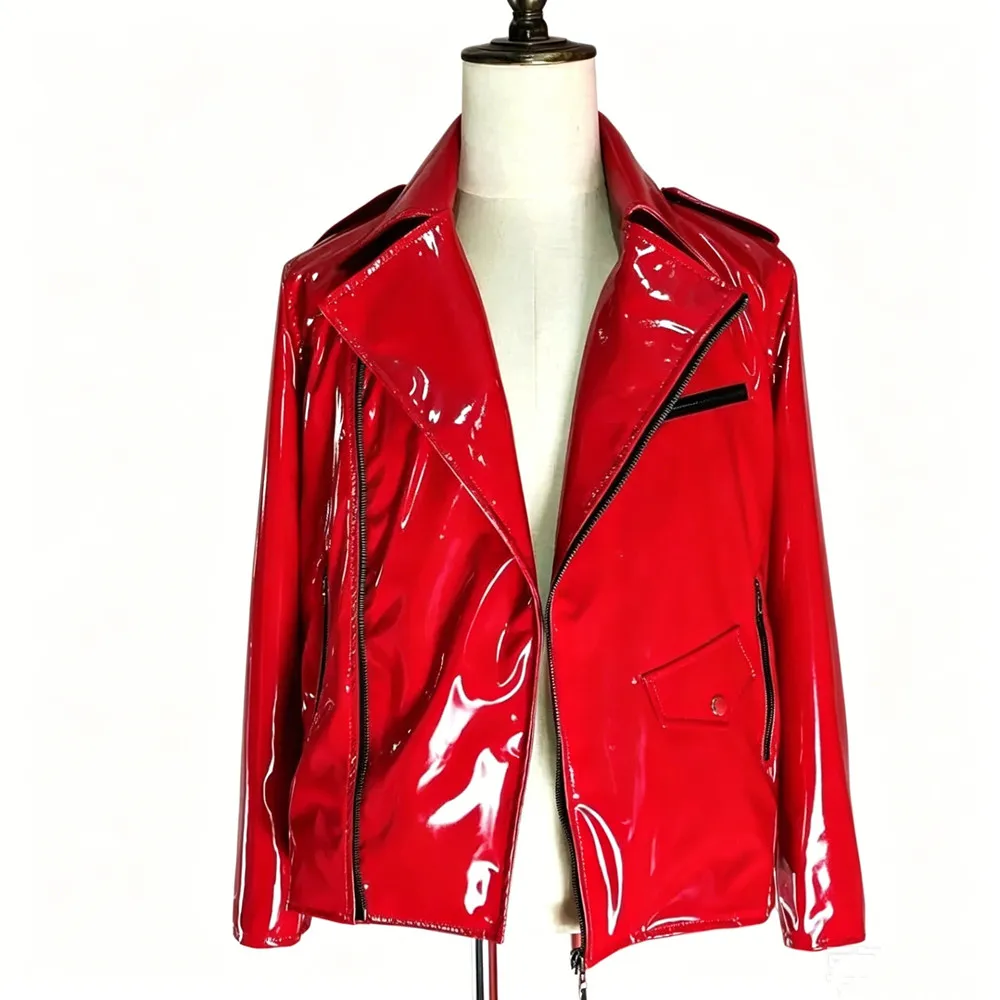 Men's Red Black Faux Leather Zipper Coat Rock Singer PU Soft Leather Motorcycle Jacket Male Concert Stage Performance Costume
