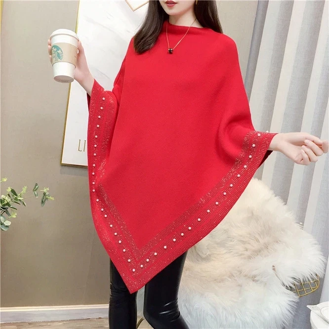 

New Autumn Fashion Winter Diamonds Knit Wool Shawl Cloak Loose Plus Size Solid Woman Poncho Cape Pullover Pearl Girl Red