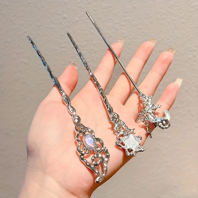 3pcs Moon & Star Hairpin Set – Elegant Moonstone Alloy Hair Accessories for Women (Holiday Gift)