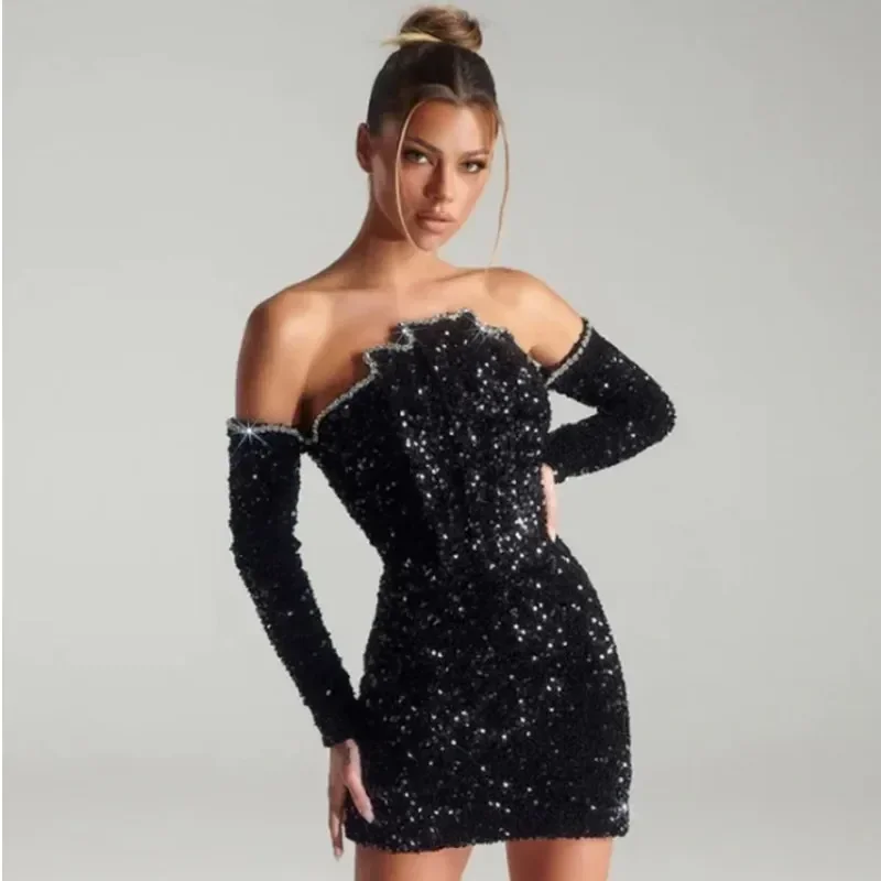 

2025 New Women's Black Sexy Long Sleeve Sequin Dress Off Shoulder Diamond Tight Mini Dress Eelgant Party Evening Dress