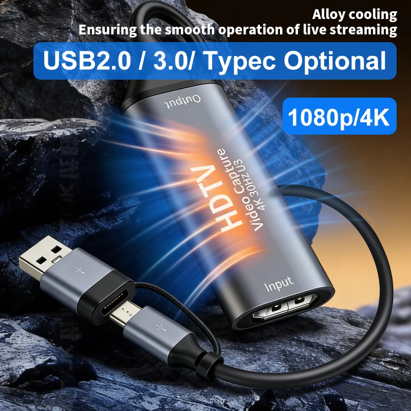 USB 3.0 Video Capture Card 4K HDMI 1080p USB2.0 Type C Game Grabber for Laptop PC Live Streaming Capture Audio Video Recording