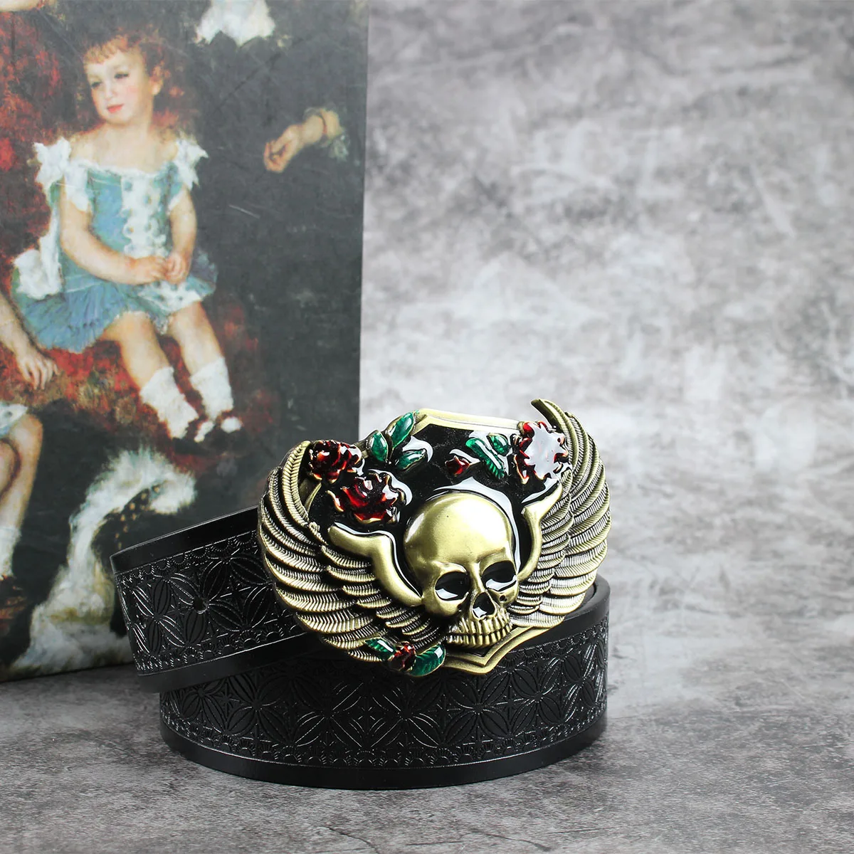 Rose Eagle Winged Skull3.7cm wide men's and women's Western bull head denim style bull scalprendy belt smooth buckle