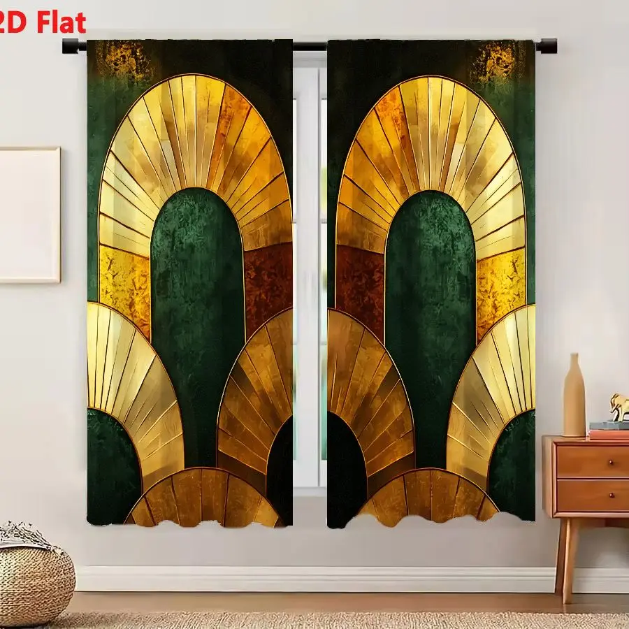 2Pcs Curtains Add 2D Flat Abstract Art Deco Gold And Teal Symmetrical Arch Sunburst Pattern Ornate Luxury Vintage Geometric Desi