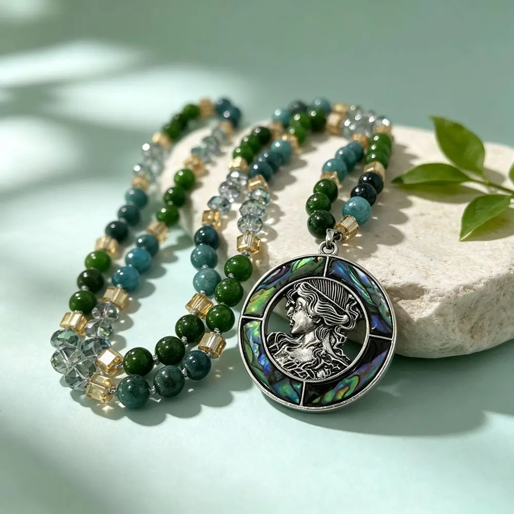Luxury Vintage Boho Style Necklace, Knotted Chain With Human Figure Shell Pendant, Blue Green Stone Bead Statement Necklace for