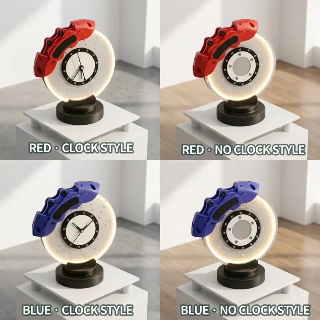 3D Printed Racing Brake Caliper Clock with 3-Level Dimmable LED Night Light Automotive Themed Desktop Decor Table Clock Creative