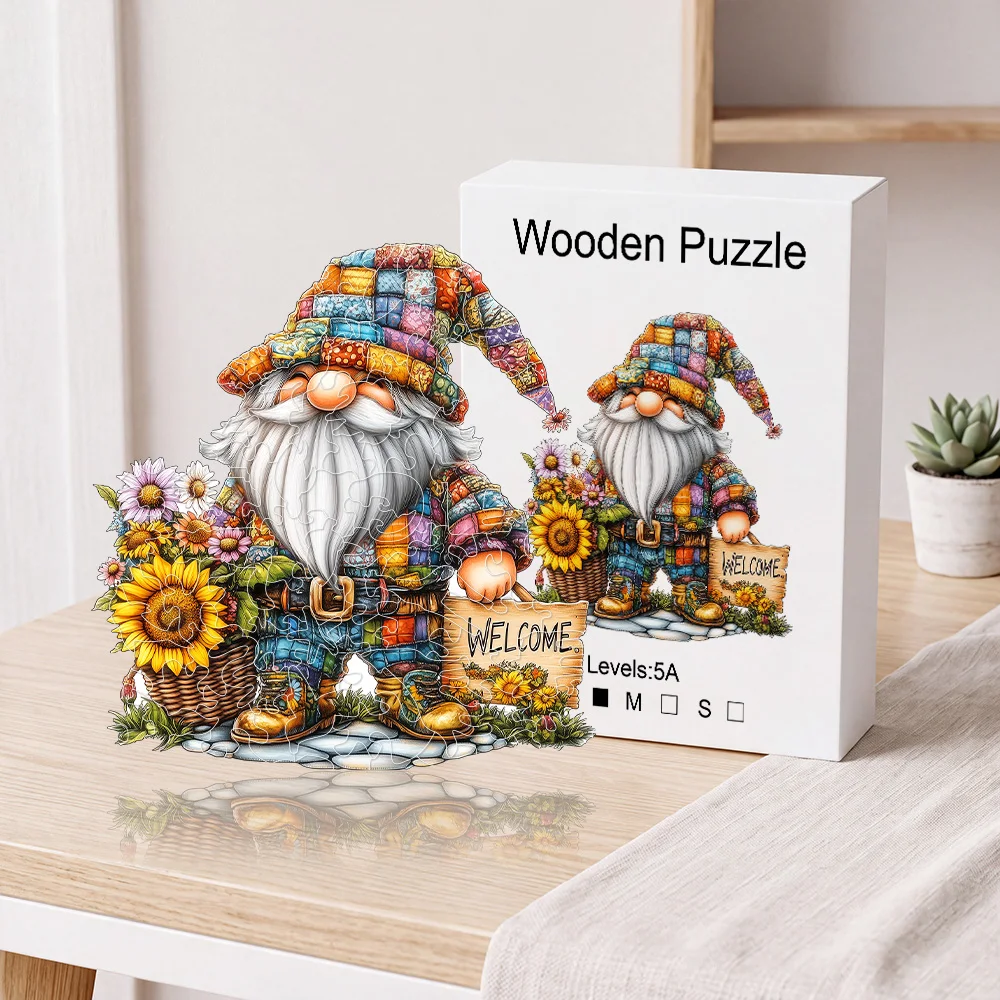 Wooden Jigsaw Puzzle for Adults, Patchwork Gnome Sunflower Design, Whimsy Cut Pieces, Home Art Decor & Holiday Gift