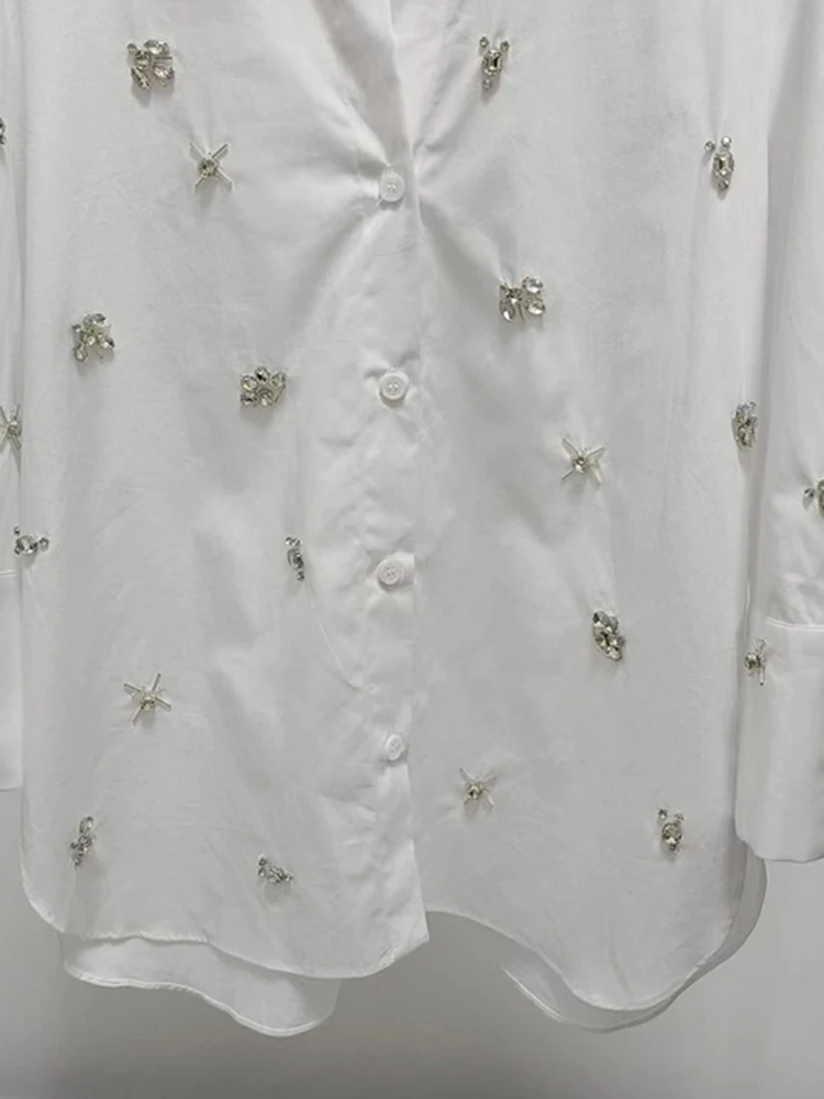 [EWQ] Crystal Beading Decoration White Shirt For Women Nine Quarter Sleeve Loose Temperament Blusas Spring 2024 Autumn 16U4164