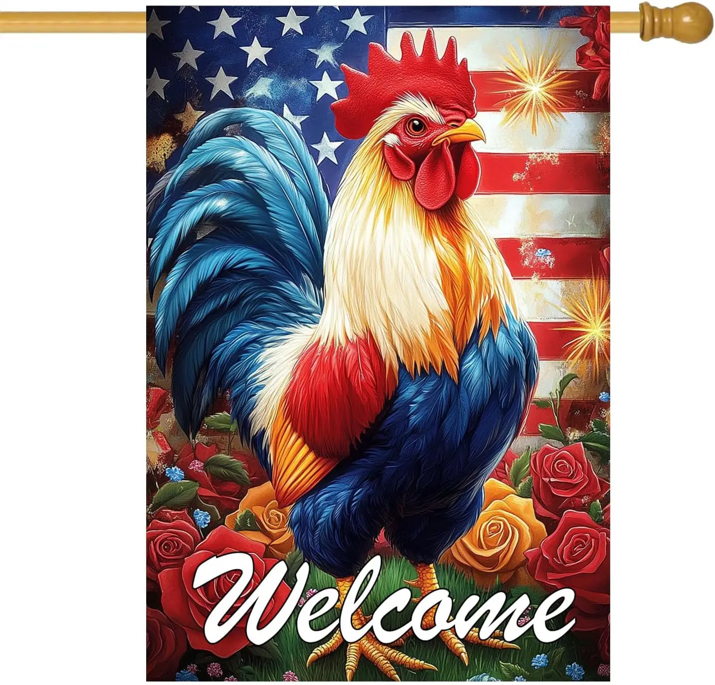 Large 4th of July Garden Flags 28 x 40 Double Sided, Burlap Holiday Rooster Welcome Independence Day Patriotic House Flags f AAM