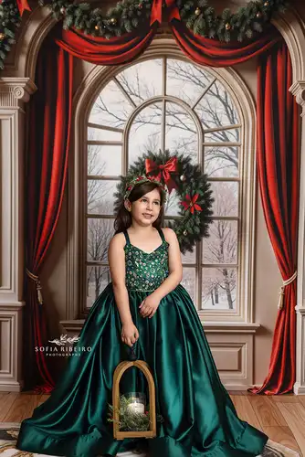 Imagen 2 del producto Fondo de sueños junto al fuego de Navidad, ventana de invierno blanca arqueada, fondos de fotografía para niños, bebés y adultos, pastel de cumpleaños