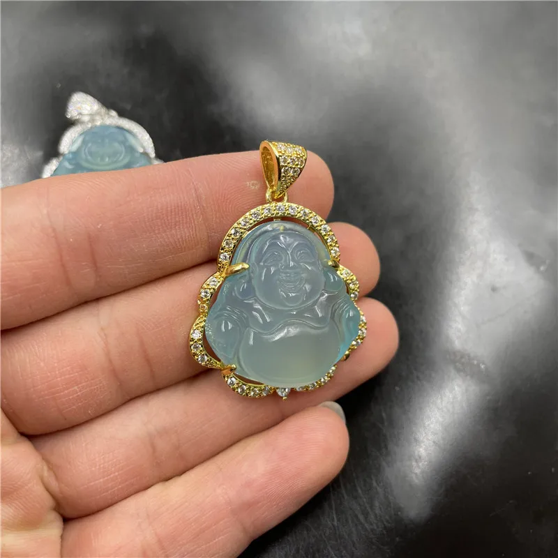 Inlaid Light Blue Chalcedony Agate Maitreya Lake Green Small Buddha Pendant